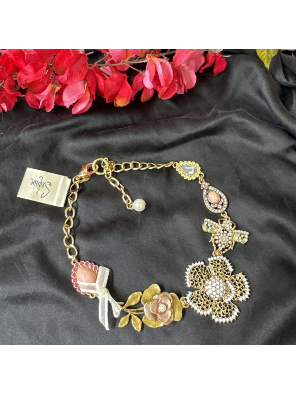 Nordstrom Sequin NYC Floral Bees Pearls MUST SEE Statement Necklace $125 NEW